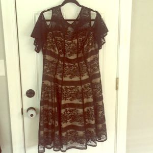 Gabby Skye Black and Nude Lace Cold Shoulder Dress
